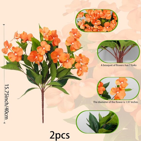 2-Pcs Orange Artificial Faux Silk Flowers Hanging Basket Lawn Garden Decoration - Picture 3 of 7